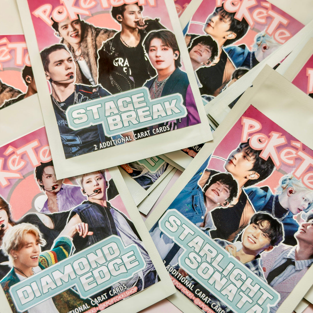 Collection of 'PokeTeen' trading cards featuring various characters on a pink background.